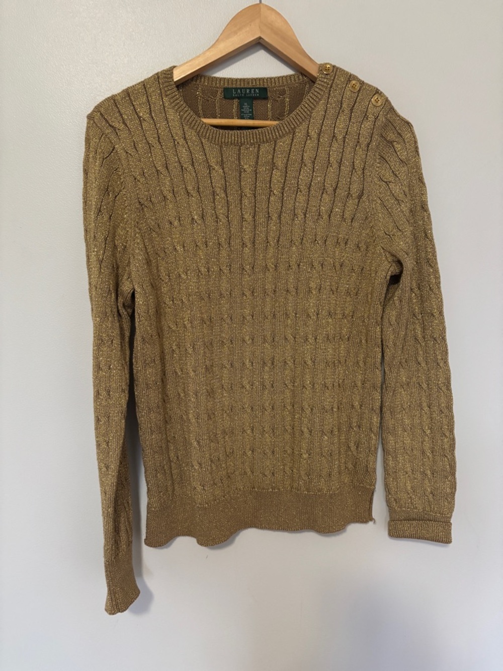 Lauren Ralph Lauren Women’s Cable Knit Sweater Gold Metallic Buttons XL